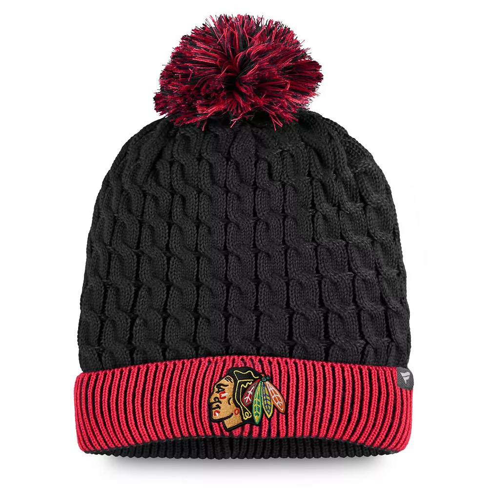 Women's Fanatics Branded Black/Red Chicago Blackhawks Iconic Cuffed Knit Hat With Pom 1 Women's Fanatics Branded Black/Red Chicago Blackhawks Iconic Cuffed Knit Hat With Pom