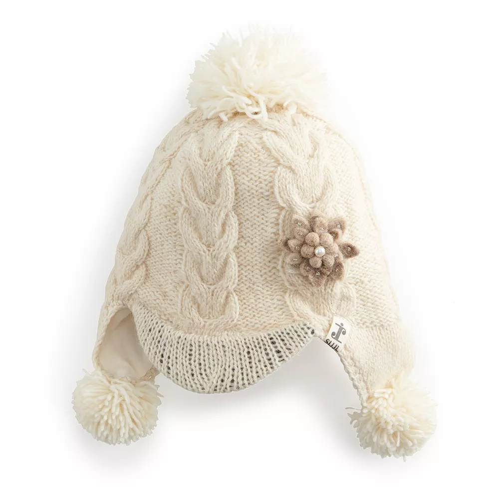 Women's SIJJL Ivory Floral Accent Pom Earflap Cap 1 Women's SIJJL Ivory Floral Accent Pom Earflap Cap