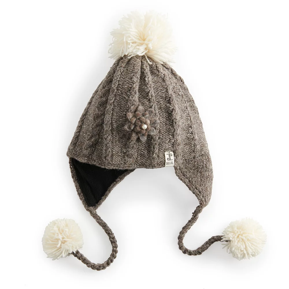 Women's SIJJL Brown Floral Accent Pom Earflaps Cap 1 Women's SIJJL Brown Floral Accent Pom Earflaps Cap