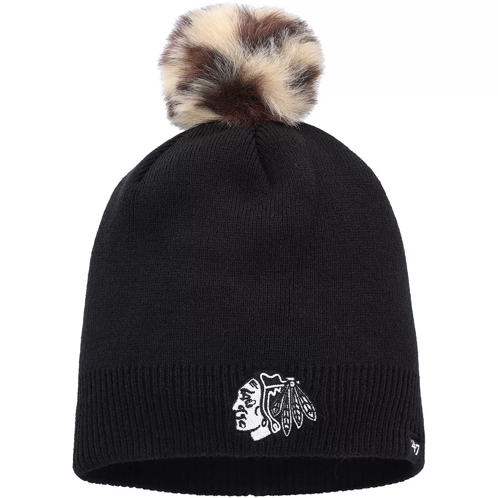 Women's '47 Black Chicago Blackhawks Serengeti Knit Beanie With Pom 1 Women's '47 Black Chicago Blackhawks Serengeti Knit Beanie With Pom