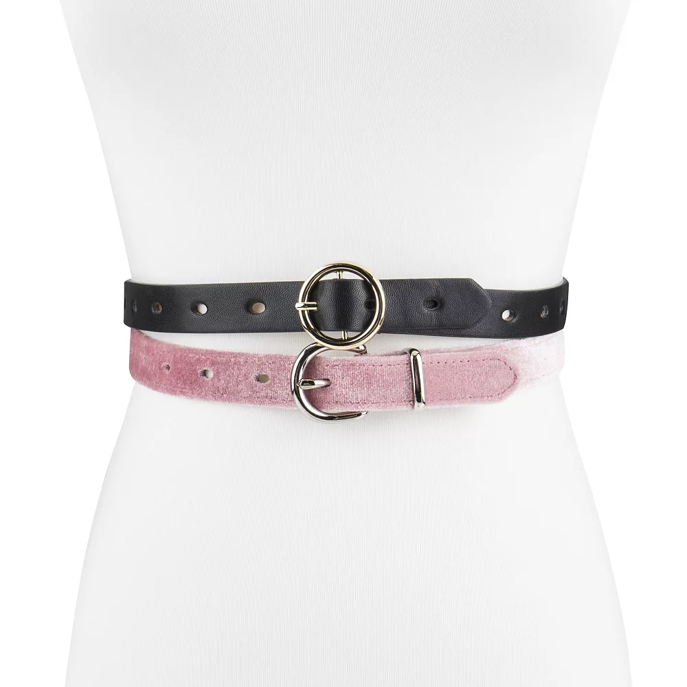 Women's LC Lauren Conrad 2-Pack Velvet & Bonded Leather Skinny Belt Set In Regular & Plus 2 Women's LC Lauren Conrad 2-Pack Velvet & Bonded Leather Skinny Belt Set In Regular & Plus - Image 2