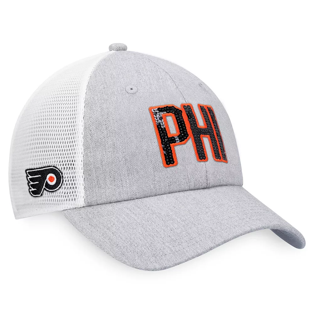 Women's Fanatics Branded Heather Gray/White Philadelphia Flyers Iconic Glimmer Trucker Snapback Hat 1 Women's Fanatics Branded Heather Gray/White Philadelphia Flyers Iconic Glimmer Trucker Snapback Hat