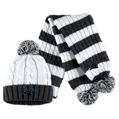 Women's WEAR By Erin Andrews Black/White Carolina Panthers Cable Stripe Cuffed Knit Hat With Pom And Scarf Set