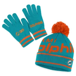 Alternative view of Women's WEAR By Erin Andrews Aqua Miami Dolphins Double Jacquard Cuffed Knit Hat With Pom And Gloves Set
